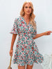 Summer V Neck Mini Dress Women Short Sleeve Print Bandage Dress Ruffle Floral Dress Female Casual Lace Up A-line Dress