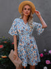 Summer V Neck Mini Dress Women Short Sleeve Print Bandage Dress Ruffle Floral Dress Female Casual Lace Up A-line Dress