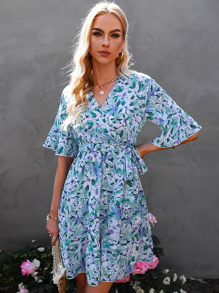 Summer V Neck Mini Dress Women Short Sleeve Print Bandage Dress Ruffle Floral Dress Female Casual Lace Up A-line Dress