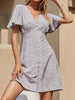 Summer VNeck Floral Mini Dress Women Elegant Chiffon A-Line Dress Flare Short Sleeve Dress High Waist Button Party Dress
