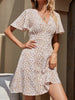 Summer VNeck Floral Mini Dress Women Elegant Chiffon A-Line Dress Flare Short Sleeve Dress High Waist Button Party Dress