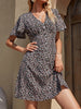 Summer VNeck Floral Mini Dress Women Elegant Chiffon A-Line Dress Flare Short Sleeve Dress High Waist Button Party Dress