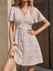 Summer VNeck Floral Mini Dress Women Elegant Chiffon A-Line Dress Flare Short Sleeve Dress High Waist Button Party Dress