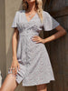 Summer VNeck Floral Mini Dress Women Elegant Chiffon A-Line Dress Flare Short Sleeve Dress High Waist Button Party Dress