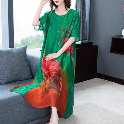Summer Vintage 4XL Plus Size Tencel Dress 2022 Loose Casual Print Mulberry Silk Maxi Dress Women Elegant Bodycon Party Vestidos