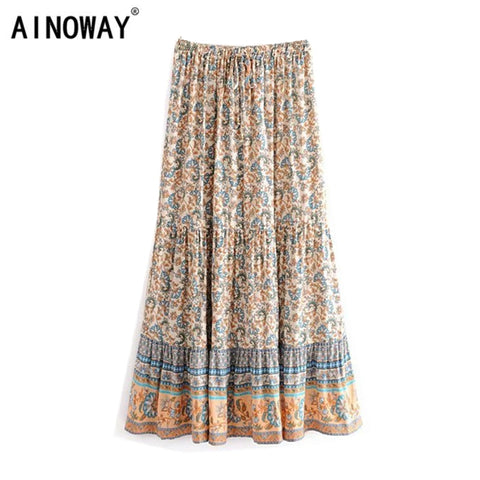 Summer Vintage Chic Women Hippie Beach Bohemian   Floral Print Skirt High Elastic Waist Maxi  A-Line Boho Skirts Femme