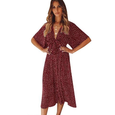 Summer Vintage Polka Dot Print Long Dresses  Women Long Sleeve Deep V Elegant Casual Boho Midi Dress Female Dresses