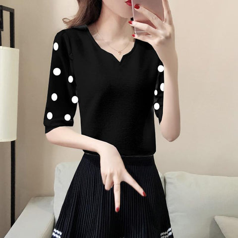 Summer White Chiffon Polka Dot Print Blouse Shirt 3/4 Sleeve V-neck Chiffon Tops Blusas Korean Fashion Office Blouses 2022 Black