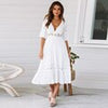 Summer White Long Dress Women Boho Hollow Out Patchwork Dress Short Sleeve V-neck Loose Dress Casual Elegant Woman Dress