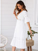 Summer White Long Dress Women Boho Hollow Out Patchwork Dress Short Sleeve V-neck Loose Dress Casual Elegant Woman Dress
