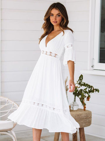 Summer White Long Dress Women Boho Hollow Out Patchwork Dress Short Sleeve V-neck Loose Dress Casual Elegant Woman Dress