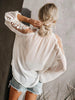 Summer White Mesh Shirts Women Loose Lace Embroidery Blouses Casual Long Sleeve Patchwork Tops Female Vintage Solid Blusas