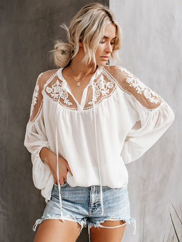 Summer White Mesh Shirts Women Loose Lace Embroidery Blouses Casual Long Sleeve Patchwork Tops Female Vintage Solid Blusas