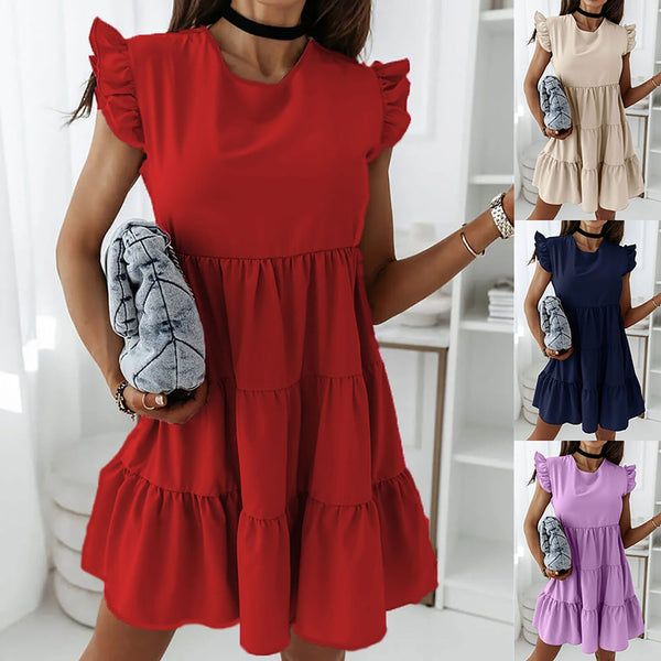 Summer Woman Mini Dress Ruffle Dress High Waist Basic Sleeveless Dress Elegant O Neck RED  Ladies Clothing robe femme