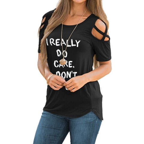 Summer Women Blouses Letters Printed Short Sleeve Shirt O-Neck Cold Shoulder Comfortable Casual Tops #10