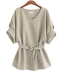 Summer Women Blouses Linen Tunic Shirt V Neck Big Bow Batwing Tie Loose Ladies Blouse Female Top 4 Color