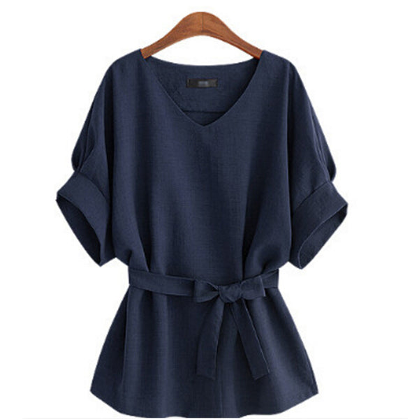 Summer Women Blouses Linen Tunic Shirt V Neck Big Bow Batwing Tie Loose Ladies Blouse Female Top 4 Color