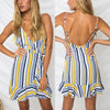 Summer Women Boho Floral Strappy V Neck Backless Striped Irregular Ruffle Bandage Beach Wear Sundress Holiday Short Mini Dress