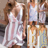 Summer Women Boho Floral Strappy V Neck Backless Striped Irregular Ruffle Bandage Beach Wear Sundress Holiday Short Mini Dress