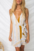 Summer Women Boho Floral Strappy V Neck Backless Striped Irregular Ruffle Bandage Beach Wear Sundress Holiday Short Mini Dress