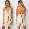 Summer Women Boho Floral Strappy V Neck Backless Striped Irregular Ruffle Bandage Beach Wear Sundress Holiday Short Mini Dress