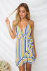 Summer Women Boho Floral Strappy V Neck Backless Striped Irregular Ruffle Bandage Beach Wear Sundress Holiday Short Mini Dress