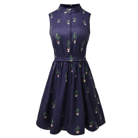 Summer Women Cactus Prints Vintage Party Dresses High Waist A-Line Sleeveless Retro Mini Dress for Female Cloth Lady Vestidos