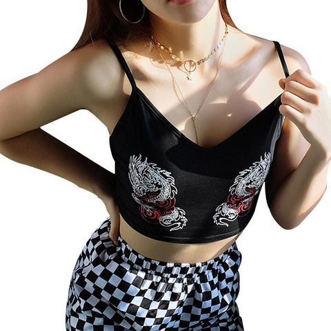 Summer Women Crop Tops Chinese Dragon Printed Cropped Camisole Sexy Backless Strap Halter Tank Camis Top Vest Blusa