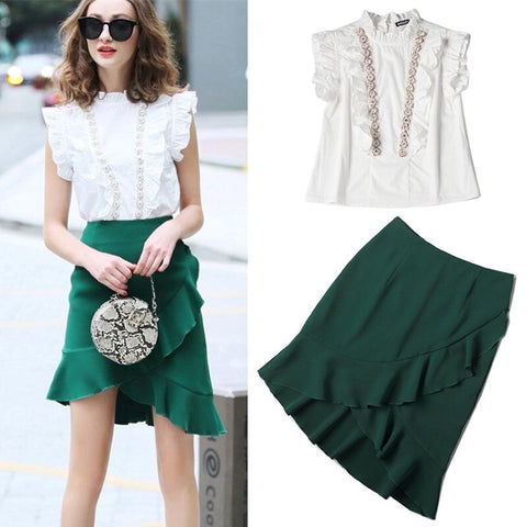 Summer Women Embroidery Beaded Ruffles Sleeveless Blouses Tops + Green Ruffles Elegant Sexy Irregular Ladies Skirts Suits NS997