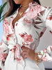Summer Women Daily Wear Tops Blouse Stand Collar Work Wear Elegant Floral Print Long Sleeve Button Down Shirt