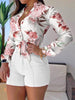 Summer Women Daily Wear Tops Blouse Stand Collar Work Wear Elegant Floral Print Long Sleeve Button Down Shirt
