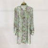 Summer Women Dress Long Sleeve Stand Collar Color Block Floral Pleated Printed Office Lady Dresses