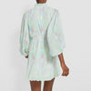 Summer Women Dress Long Sleeve Stand Collar Color Block Floral Pleated Printed Office Lady Dresses