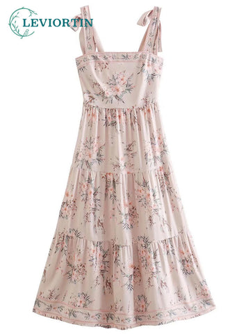 Summer Women Floral Print Midi Dress Vintage Backless Elastic Tied Wide Straps Female Dresses Vestidos Mujer