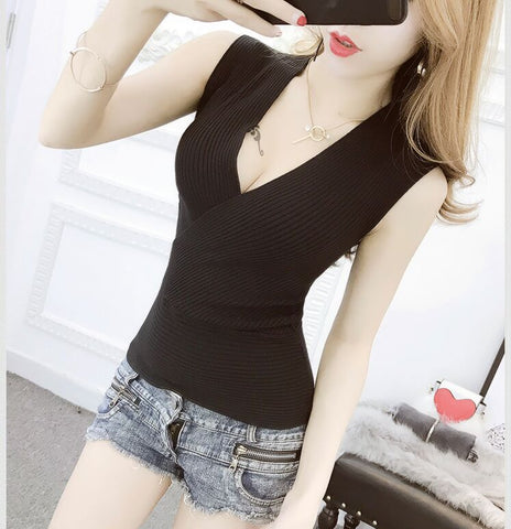 Summer Women Fashion Slim Deep V-neck Knitting Tank Tops Girls Knitted Camisole Solid Sleeveless Tee shirts BH8848