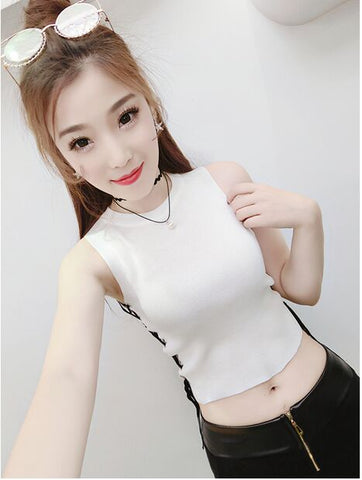 Summer Women Fashion Slim Knitting Lace Up Tank Crop Tops Girls Knitted Camisole Solid Sleeveless Tee shirts Cropped Camis Tops