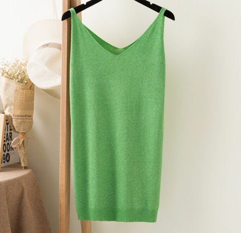 Summer Women Fashion Slim Knitting Long Tank Tops Female Camisole Sleeveless Tee shirts With Shinning Rayon Knitted ZY0382