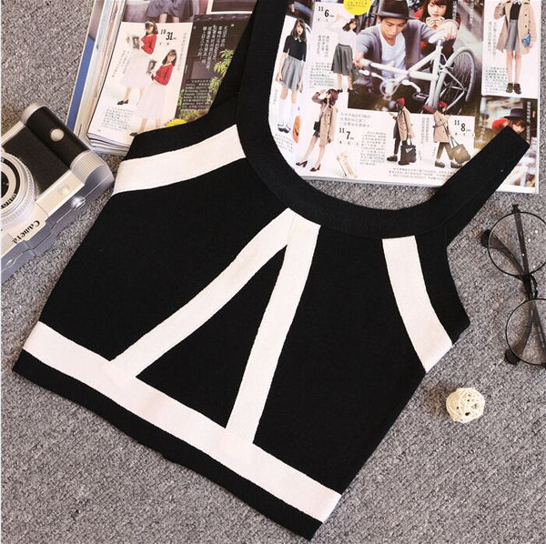 Summer Women Fashion Slim Knitting Tank Crop Tops Female Bodycon Knitted Camisole Sleeveless Short Geometric T shirts 8201