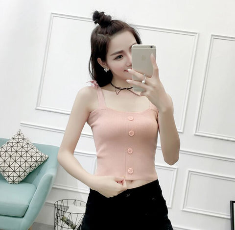 Summer Women Fashion Slim Knitting Tank Crop Tops With Bow Straps Female Knitted Camisole Sleeveless Short T shirts JH716
