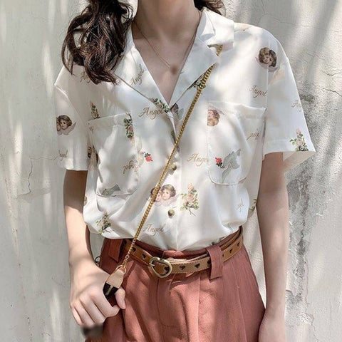 Summer Women Floral Shirt Short Sleeve Retro French Style Single Breast Ladies Tops Blouses