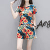 Summer Women Flower Printed Sets Short Sleeve Tops Drawstring Waist Shorts Suits Female Suit