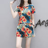 Summer Women Flower Printed Sets Short Sleeve Tops Drawstring Waist Shorts Suits Female Suit