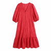 Summer Women Hollow Embroidery Lantern Sleeve Midi Dress Female V Neck Clothes Casual Lady Loose Vestido D7379