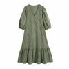 Summer Women Hollow Embroidery Lantern Sleeve Midi Dress Female V Neck Clothes Casual Lady Loose Vestido D7379