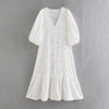 Summer Women Hollow Embroidery Lantern Sleeve Midi Dress Female V Neck Clothes Casual Lady Loose Vestido D7379