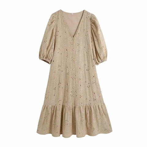 Summer Women Hollow Embroidery Lantern Sleeve Midi Dress Female V Neck Clothes Casual Lady Loose Vestido D7379