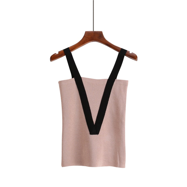 Summer Women Knitting Solid Backless Camis Tops Sleeveless Tee shirts Girls Tanks Crop Tops Knitwear Patchwork V Straps Girls