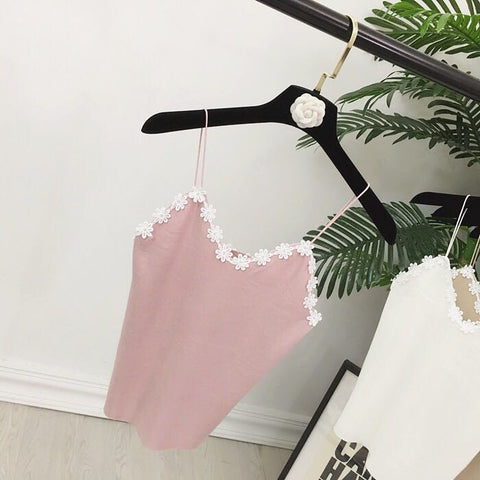Summer Women Knitting Solid Camis Tops Sleeveless Tee shirts Girls Tank Tops Knitwear Patch Floral Lace Neck FL385