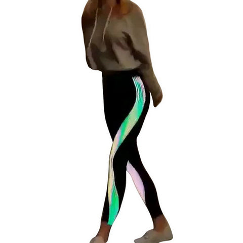 Summer Women Leggings High Waist Glowing Fitness Rainbow Reflective Laser Stripe Printing leggins Woman Pants workout Legging