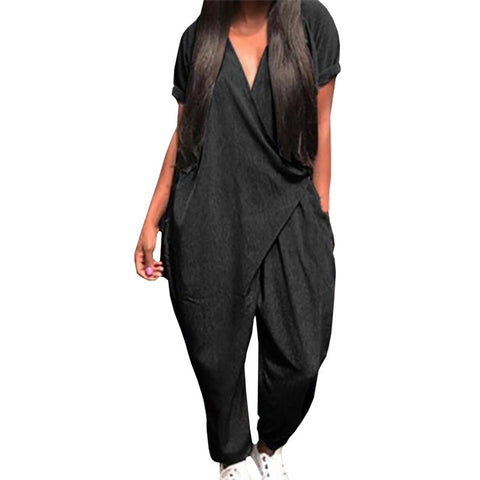 Summer Women Loose Jumpsuit With Pockets Office Ladies Short Sleeve V Neck One Piece Harem Pants Romper Plus Size